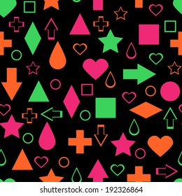 Bright geometric abstract elements seamless pattern on black background