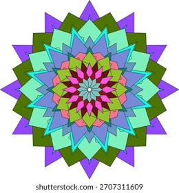 Bright geometric abstract mandala featuring vivid colorful flower elements