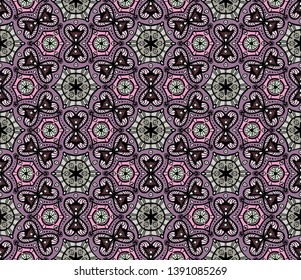Bright geometric abstract pattern. Seamless vector with different Gray, pink and burgundy elements on a lilac background. For textiles, fashionable prints, upholstered furniture, wallpaper, tile