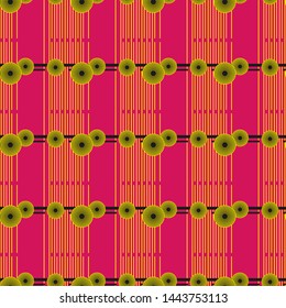 Bright geometric abstract seamless vector pattern. Circles and lines. Pink, yellow and black colors.