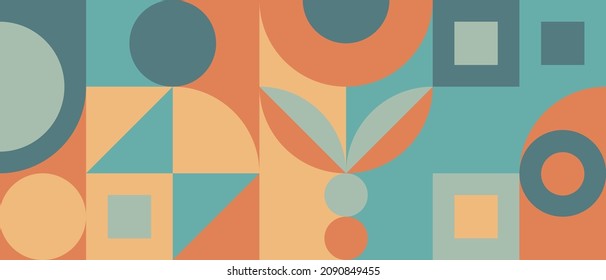 Fondo geométrico luminoso para el diseño textil o de papel pintado para niños, patrón de estilo retro escandinavo. Círculos de colores, triángulos y cuadrados con textura perfecta para el diseño de portada web.