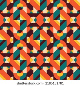 Bright geometric background design. Abstract seamless pattern. Decorative ornate mosaic. Scandinavian swiss bauhaus design style. Vector illustration.