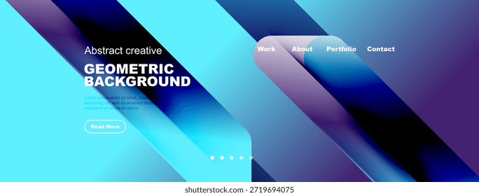Diseño de fondo geométrico brillante. Características azules, Gradientes púrpuras, Elementos de texto, menú de navegación, leer más Botón. Estética moderna.
