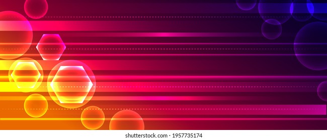 Bright geometric background. Horizontal lines and circles on a red and blue gradient background.