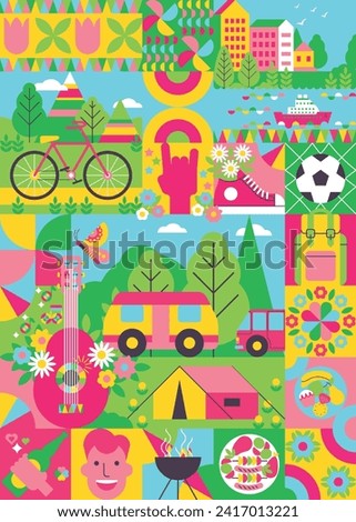 Bright geometric background with symbols of spring and summer outdoor activity. Camping, barbecue, bicycle, backpack, guitar. Landscape, nature, flowers, trees. Poster, banner, advertising