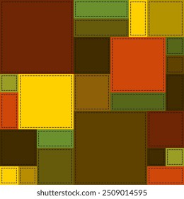 Fundo geométrico brilhante em cores de terra quente. Cartão comemorativo de outono sem texto. Quadrados vermelhos, amarelos e castanhos. Ilustração de vetor colcha de retalhos em estilo de país. Decoração do dia de Ação de Graças.