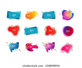 Bright geometric badges set. Modern colorful abstract shapes with sample text. Trendy minimal templates for presentations, banners, apps and websites. Vector illustration