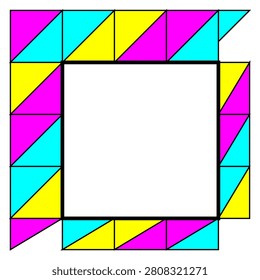 Bright geometric border featuring bisected square tiles in cyan magenta and yellow forming vibrant frame on white illustration