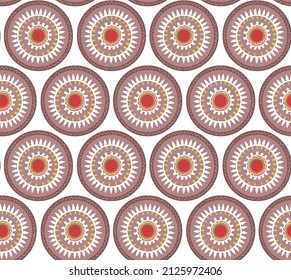 Bright geometric ethnic circle pattern in brown and red shades. Seamless vector repeat, inspired by simple hand-painted plates. Great for apparel design, backgrounds, 