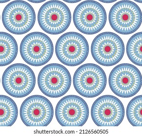Bright geometric ethnic circle pattern in blue and red shades. Seamless vector repeat, inspired by simple hand-painted plates. Great for apparel design, backgrounds, 