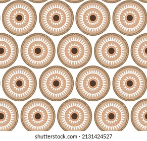 Bright geometric ethnic circle pattern in beige and brown shades. Seamless vector repeat, inspired by simple hand-painted plates. Great for apparel design, backgrounds, 