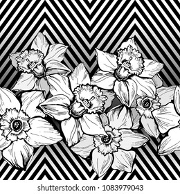 Bright geometric floral pattern with hand drown flowers Daffodils,Narcissus. Seamless vector texture.fashion prints.Printing with in hand drawn style.