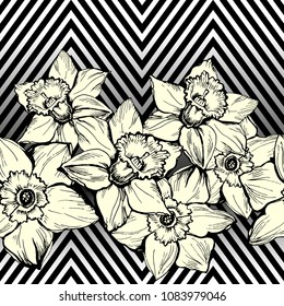Bright geometric floral pattern with hand drown flowers Daffodils,Narcissus. Seamless vector texture.fashion prints.Printing with in hand drawn style.