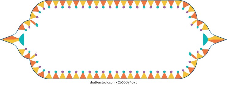 Heller geometrischer Rahmen mit buntem Dreiecksmuster für digitale Banner und Produktetiketten. Bearbeitbare Vektorkontur mit spielerischem Design. Perfekt für Verpackungen, Einladungen oder Poster.