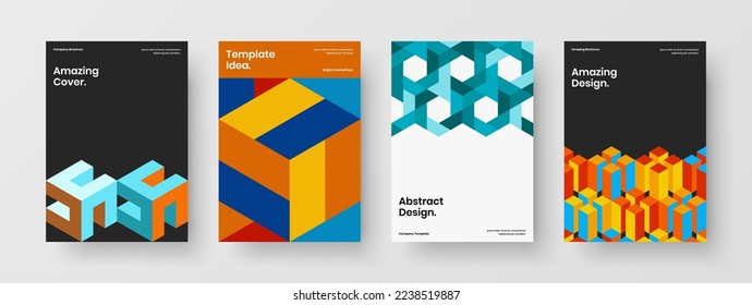Bright geometric hexagons booklet layout set. Minimalistic catalog cover A4 design vector concept collection.