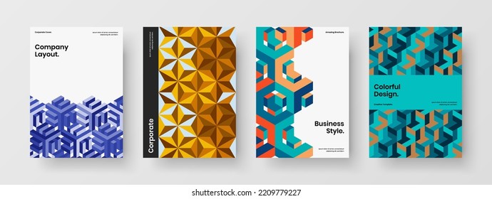 Bright geometric hexagons company identity template set. Original journal cover A4 vector design illustration collection.