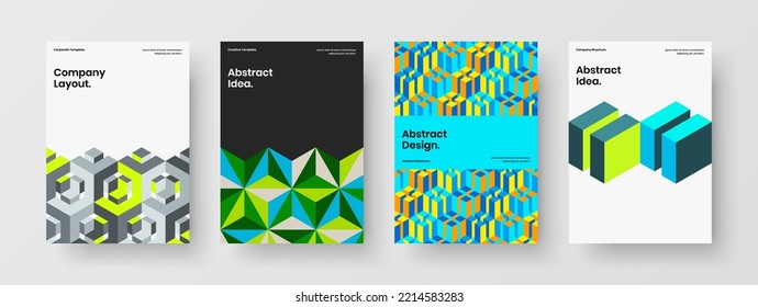 Bright geometric hexagons front page concept composition. Clean leaflet A4 vector design template bundle.