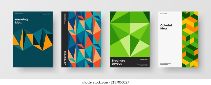Bright geometric hexagons handbill template set. Trendy annual report vector design illustration composition.