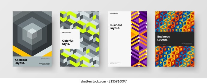 Bright geometric hexagons pamphlet layout bundle. Simple leaflet design vector template composition.