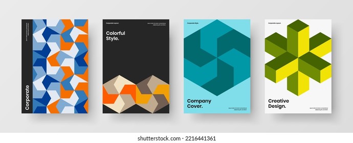 Bright geometric hexagons postcard layout bundle. Amazing company cover design vector concept set.