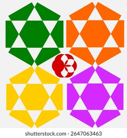 A bright geometric mandala with a multi-colored pattern. The symmetrical design radiates energy and harmony, combining sharp angles with flowing curves in a kaleidoscope of colors.