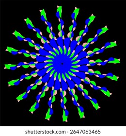 A bright geometric mandala with a multi-colored pattern. The symmetrical design radiates energy and harmony, combining sharp angles with flowing curves in a kaleidoscope of colors.