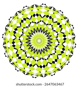 A bright geometric mandala with a multi-colored pattern. The symmetrical design radiates energy and harmony, combining sharp angles with flowing curves in a kaleidoscope of colors.