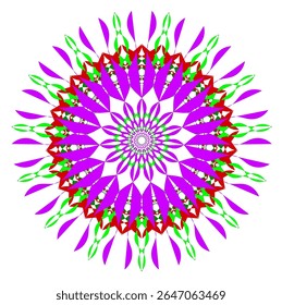 A bright geometric mandala with a multi-colored pattern. The symmetrical design radiates energy and harmony, combining sharp angles with flowing curves in a kaleidoscope of colors.