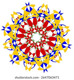 A bright geometric mandala with a multi-colored pattern. The symmetrical design radiates energy and harmony, combining sharp angles with flowing curves in a kaleidoscope of colors.