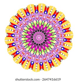 A bright geometric mandala with a multi-colored pattern. The symmetrical design radiates energy and harmony, combining sharp angles with flowing curves in a kaleidoscope of colors.