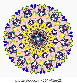 A bright geometric mandala with a multi-colored pattern. The symmetrical design radiates energy and harmony, combining sharp angles with flowing curves in a kaleidoscope of colors.