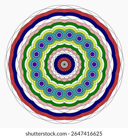 A bright geometric mandala with a multi-colored pattern. The symmetrical design radiates energy and harmony, combining sharp angles with flowing curves in a kaleidoscope of colors.