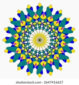 A bright geometric mandala with a multi-colored pattern. The symmetrical design radiates energy and harmony, combining sharp angles with flowing curves in a kaleidoscope of colors.