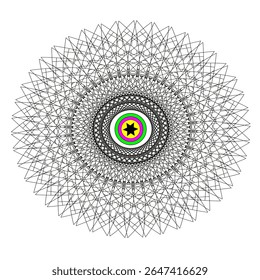 A bright geometric mandala with a multi-colored pattern. The symmetrical design radiates energy and harmony, combining sharp angles with flowing curves in a kaleidoscope of colors.