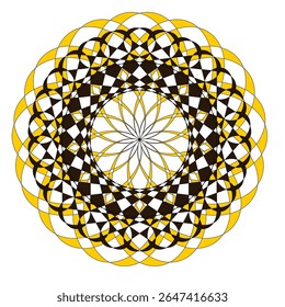 A bright geometric mandala with a multi-colored pattern. The symmetrical design radiates energy and harmony, combining sharp angles with flowing curves in a kaleidoscope of colors.