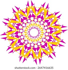 A bright geometric mandala with a multi-colored pattern. The symmetrical design radiates energy and harmony, combining sharp angles with flowing curves in a kaleidoscope of colors.
