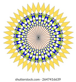 A bright geometric mandala with a multi-colored pattern. The symmetrical design radiates energy and harmony, combining sharp angles with flowing curves in a kaleidoscope of colors.