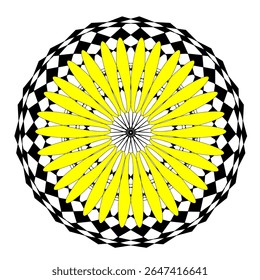 A bright geometric mandala with a multi-colored pattern. The symmetrical design radiates energy and harmony, combining sharp angles with flowing curves in a kaleidoscope of colors.