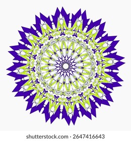 A bright geometric mandala with a multi-colored pattern. The symmetrical design radiates energy and harmony, combining sharp angles with flowing curves in a kaleidoscope of colors.