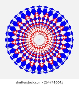 A bright geometric mandala with a multi-colored pattern. The symmetrical design radiates energy and harmony, combining sharp angles with flowing curves in a kaleidoscope of colors.