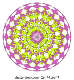 A bright geometric mandala with a multi-colored pattern. The symmetrical design radiates energy and harmony, combining sharp angles with flowing curves in a kaleidoscope of colors.