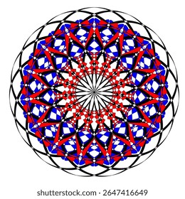 A bright geometric mandala with a multi-colored pattern. The symmetrical design radiates energy and harmony, combining sharp angles with flowing curves in a kaleidoscope of colors.