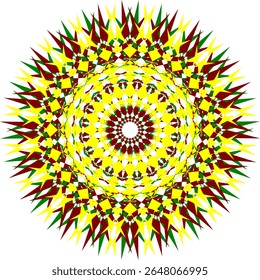 A bright geometric mandala with a multi-colored pattern. The symmetrical design radiates energy and harmony, combining sharp angles with flowing curves in a kaleidoscope of colors.