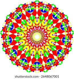 A bright geometric mandala with a multi-colored pattern. The symmetrical design radiates energy and harmony, combining sharp angles with flowing curves in a kaleidoscope of colors.