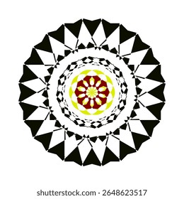 A bright geometric mandala with a multi-colored pattern. The symmetrical design radiates energy and harmony, combining sharp angles with flowing curves in a kaleidoscope of colors.