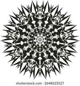 A bright geometric mandala with a multi-colored pattern. The symmetrical design radiates energy and harmony, combining sharp angles with flowing curves in a kaleidoscope of colors.