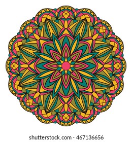 Bright geometric mandala. Round colorful pattern. Design element.