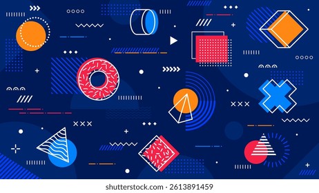 Bright geometric Memphis seamless pattern with abstract shape elements, vector background. Memphis pattern with modern colors or retro Y2K geometric shapes and isometric elements and minimal figures