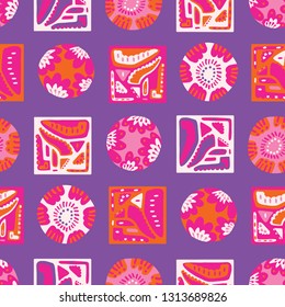 Bright geometric memphis square dot pattern. Seamless repeating. Hand drawn vector illustration. Ornamental abstract. Ttrendy decorative purple pink background. Spring fashion, bold retro home deco