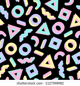 Bright geometric memphis style seamless pattern of simple shapes. Glow colors. On black background